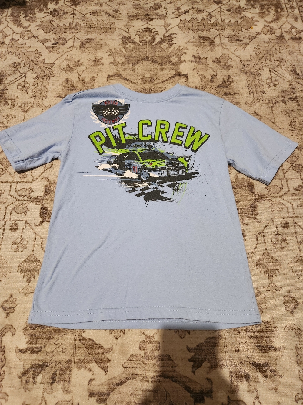 Faded Glory Light Blue 'Pit Crew' Race Car Tee with Neon Green Accents